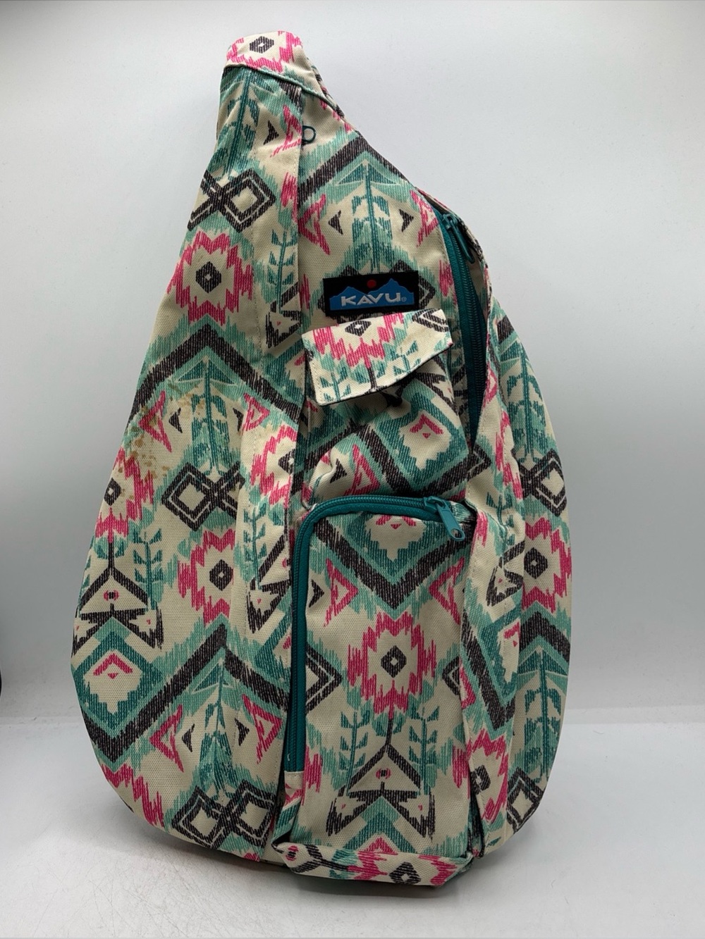 KAVU Rope Crossbody Sling Backpack Spring Geometric Pink Green Southwest/Aztec